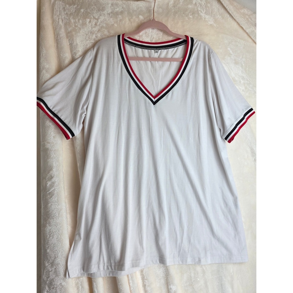 White V Neck T Shirt 2XL Athletic Stripe Trim Short Sleeve Casual Top